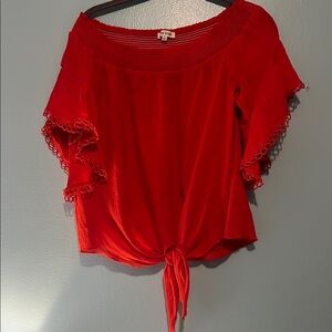 Main Strip Red Ruffled Tie Front Cap Sleeve Blouse